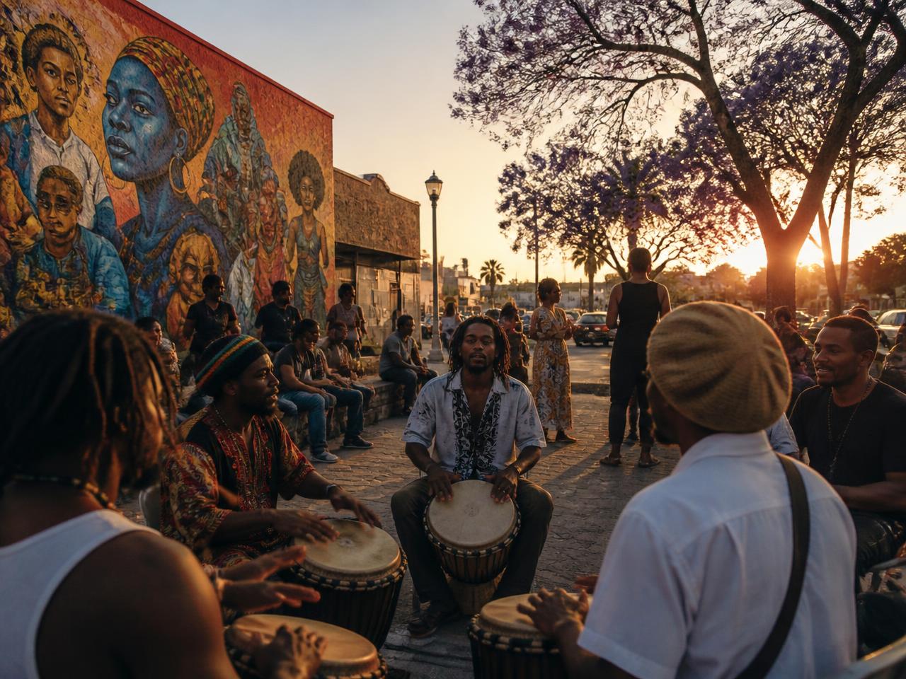 Drum circle at golden hour beside a large mural in Leimert Park Village